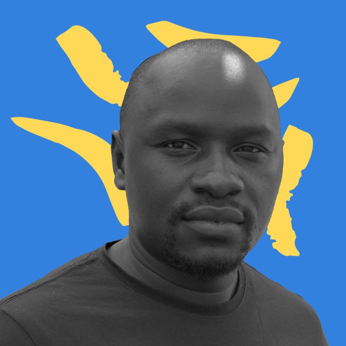 B&W Picture of Samuel Okulony against a blue and yellow graphic background.