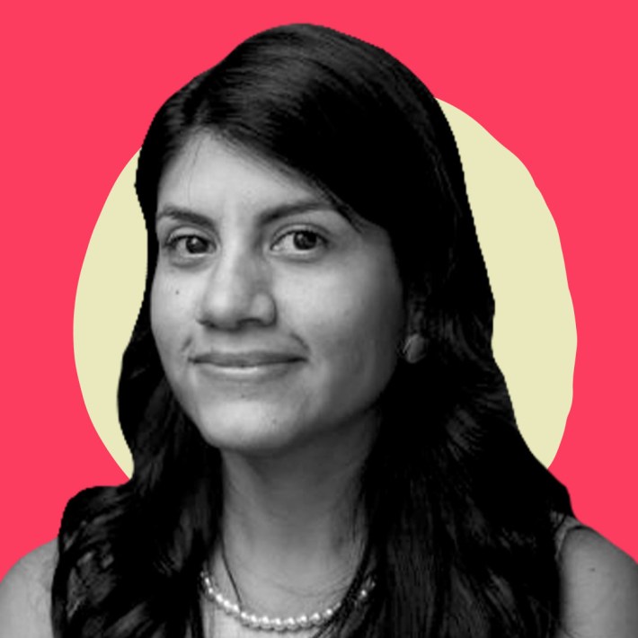 B&W Picture of Valeska Ruiz Peña against a red and light yellow graphic background.