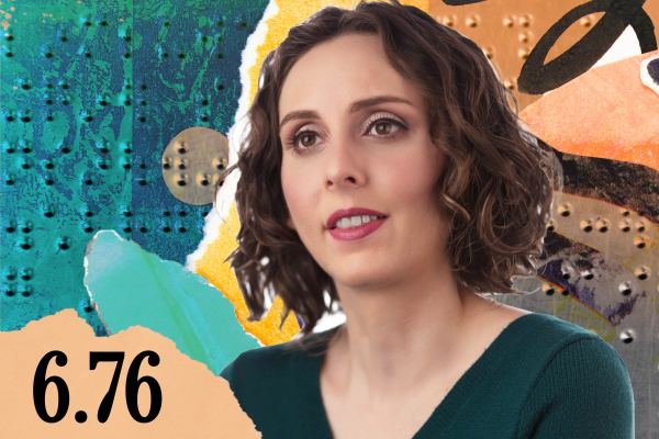 A woman with wavy brown hair and a green top is shown against a colorful, abstract background with torn paper textures. The number 6.76 appears in bold black text in the bottom left corner.