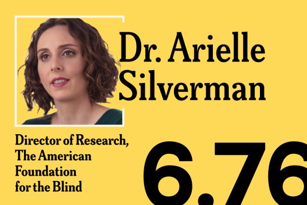 A yellow promotional graphic featuring a headshot of Dr. Arielle Silverman, Director of Research at The American Foundation for the Blind, with the number "6.76" displayed in large black text across the bottom right.