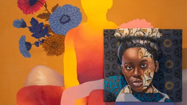 A vibrant artwork shows a portrait of a Black woman layered with patterns on her head set over a painted silhouette of a seated figure, surrounded by colorful flowers on an orange, red, and yellow background.