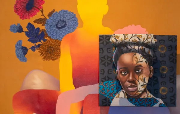 A vibrant artwork shows a portrait of a Black woman layered with patterns on her head set over a painted silhouette of a seated figure, surrounded by colorful flowers on an orange, red, and yellow background.