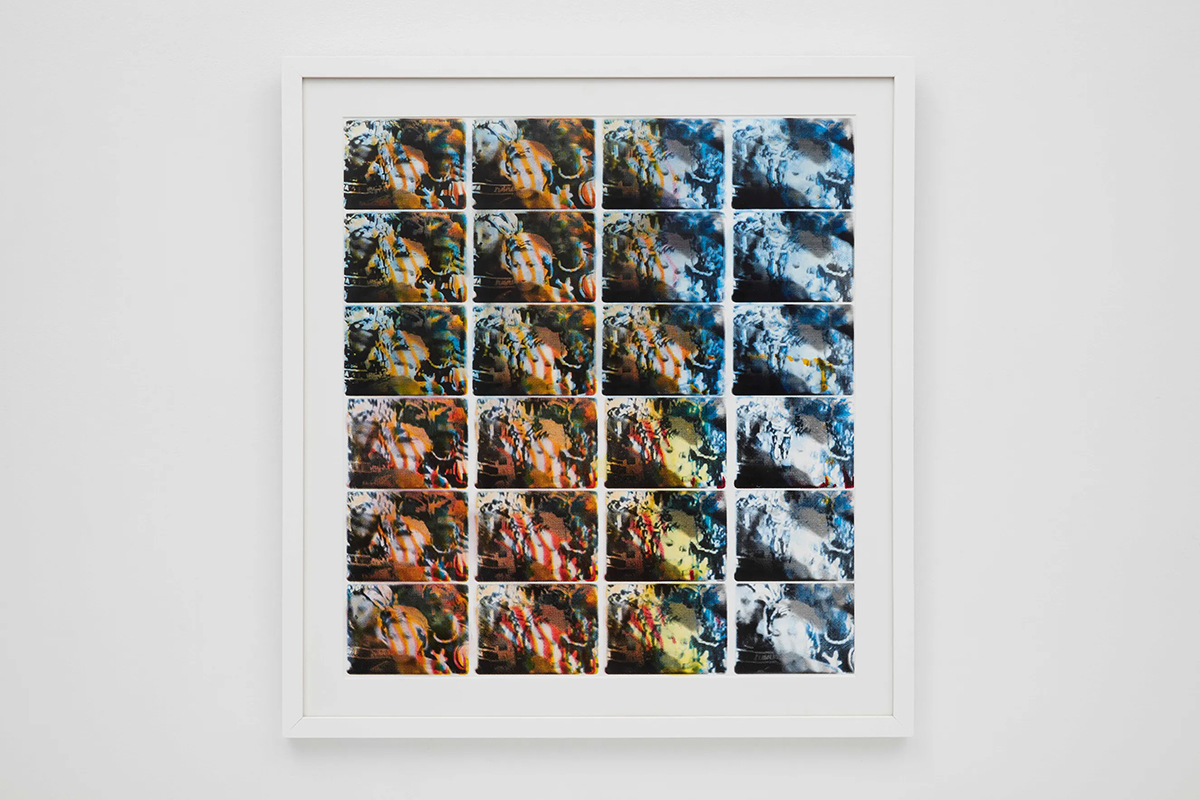 A photographic print that features photos of three women distorted by striped lines with a gradient of orange to yellow, blue, and black ink on a white background.