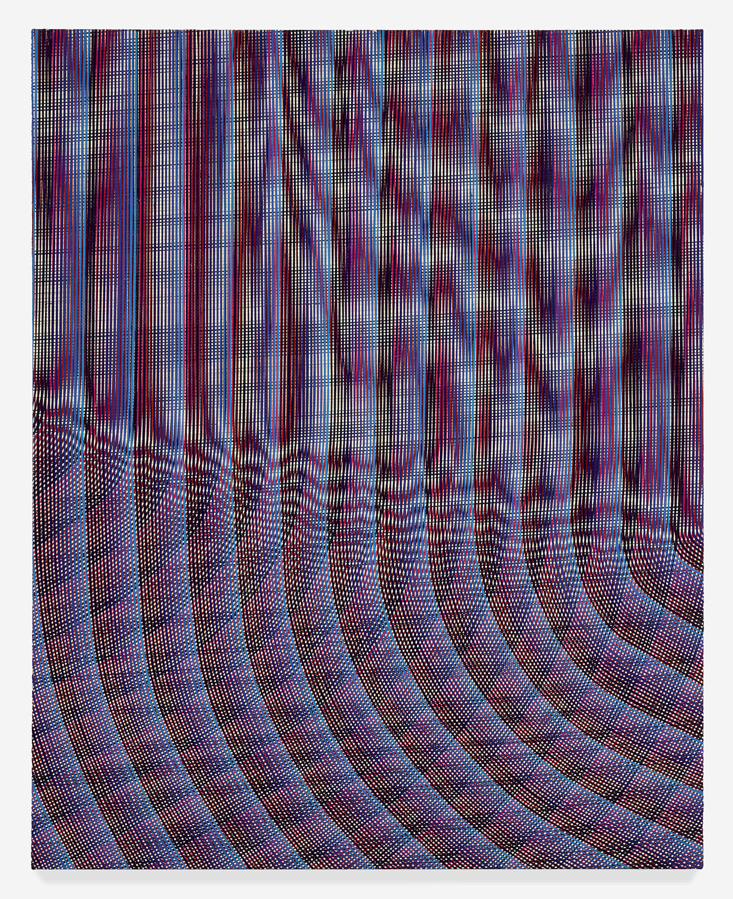 An abstract painting of a red gradient pattern of curved lines with a smooth, screen-like texture.
