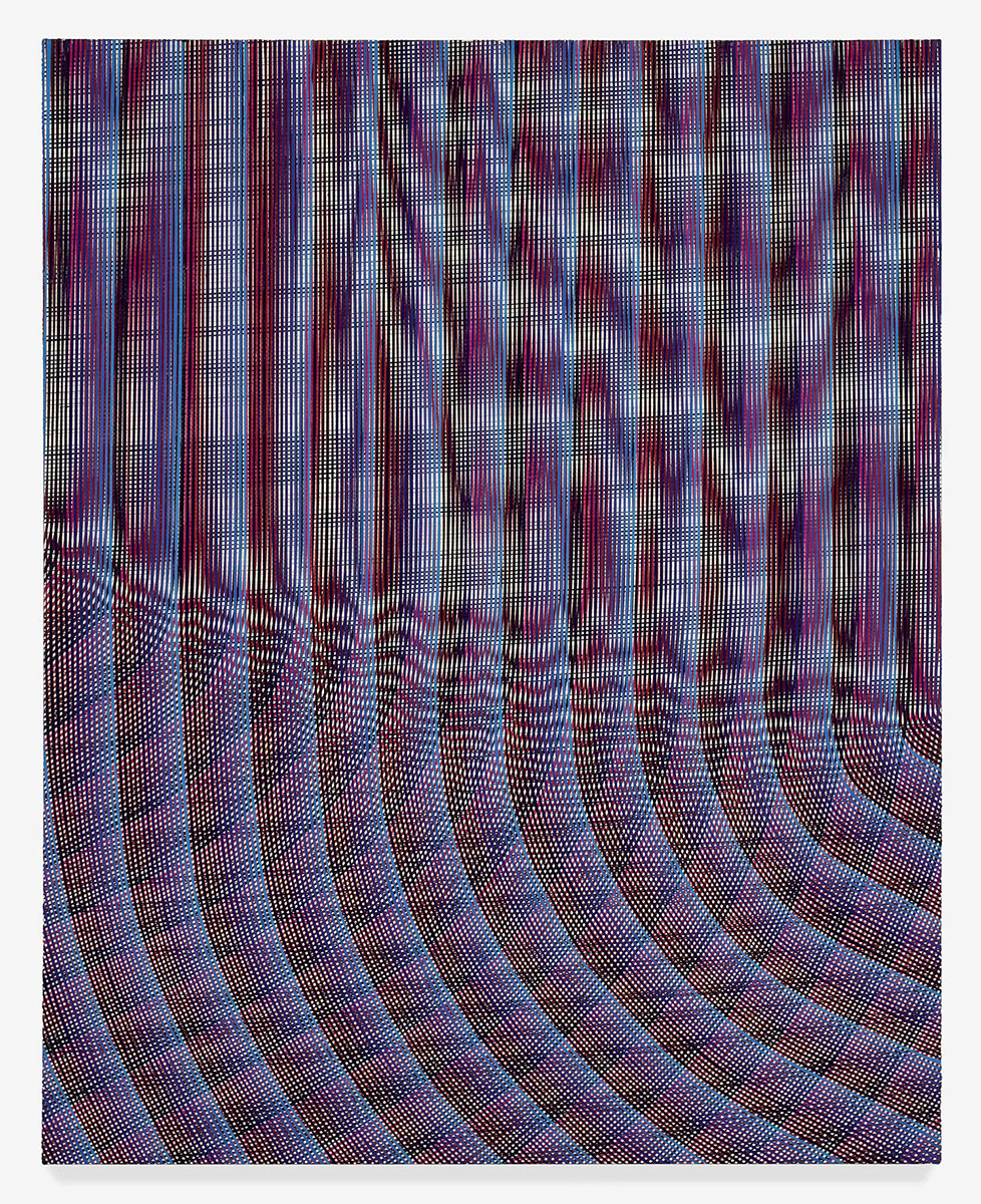 An abstract painting of a red gradient pattern of curved lines with a smooth, screen-like texture.