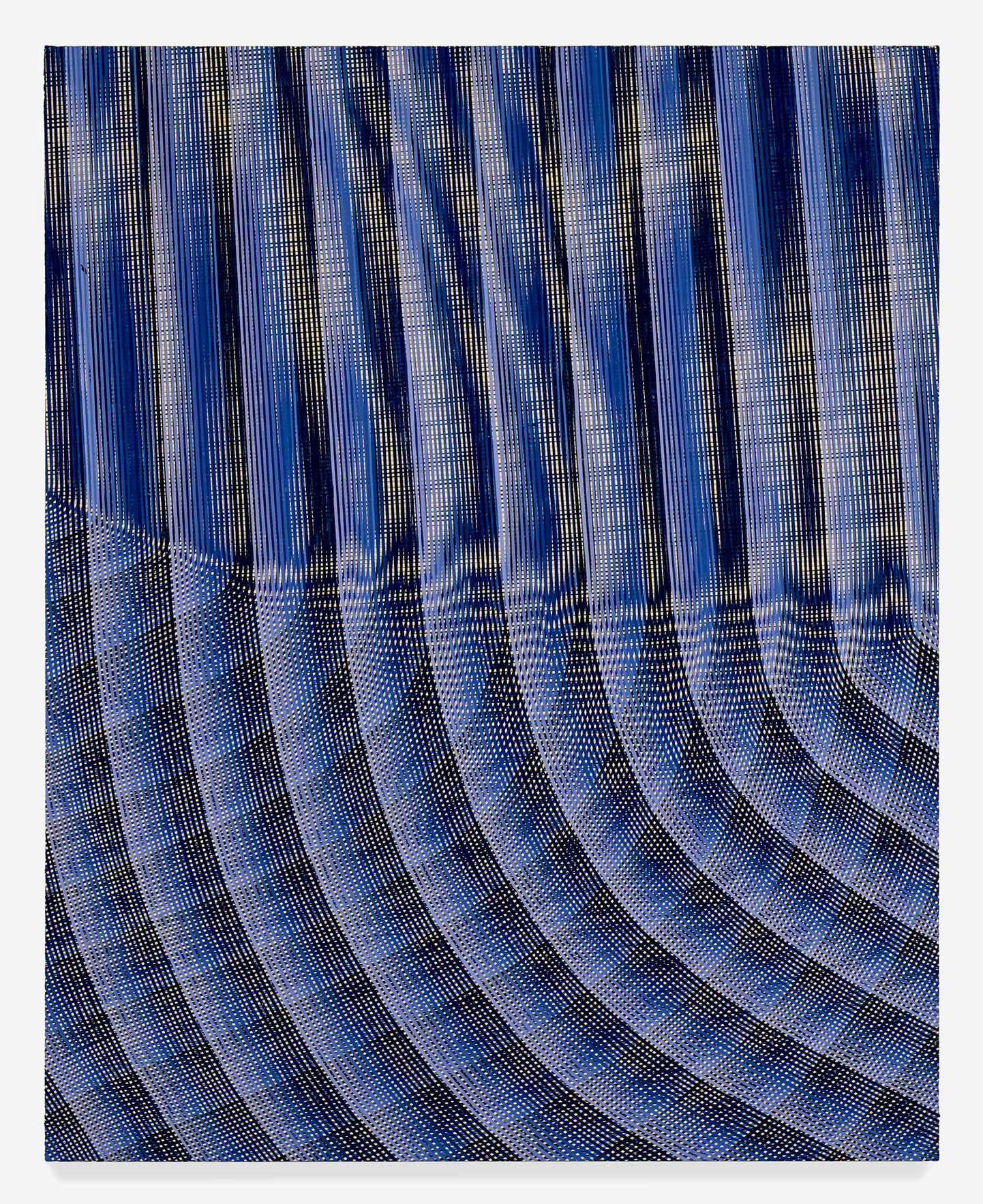 An abstract painting of a blue gradient pattern of curved lines with a smooth, screen-like texture.