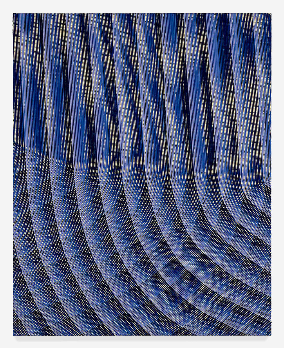 An abstract painting of a blue gradient pattern of curved lines with a smooth, screen-like texture.