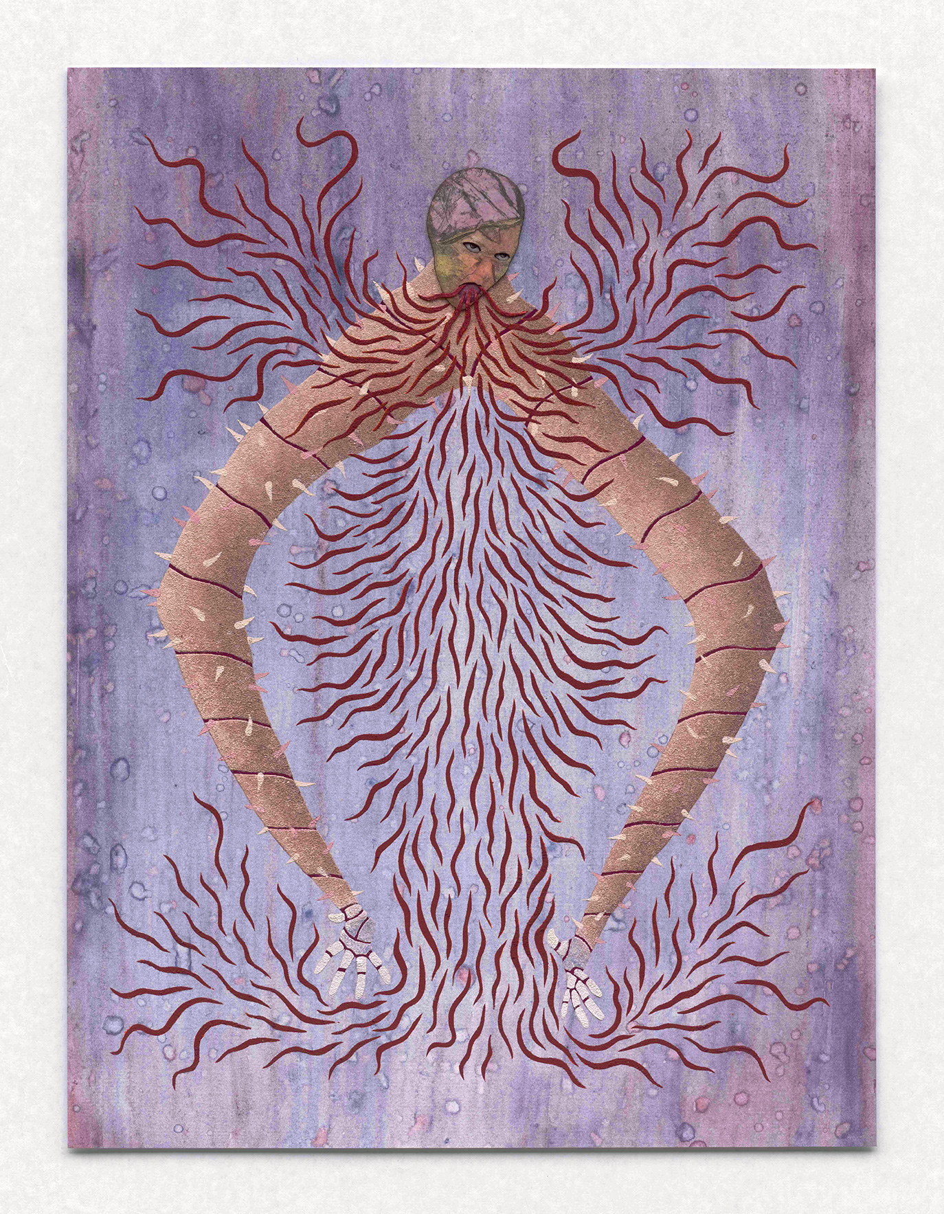 A watercolor print of a two-armed monstrous figure with flames coming out of its mouth.