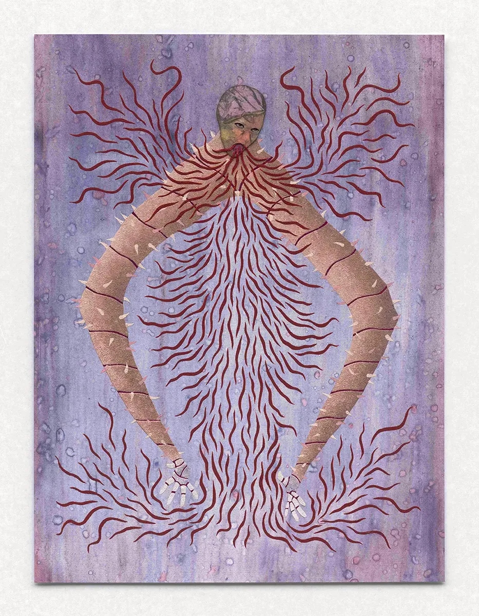 A watercolor print of a two-armed monstrous figure with flames coming out of its mouth.