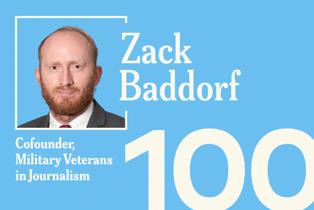 A light blue promotional graphic featuring a headshot of Zack Baddorf, Cofounder of Military Veterans in Journalism, with the number "100" displayed in large white text across the bottom right.