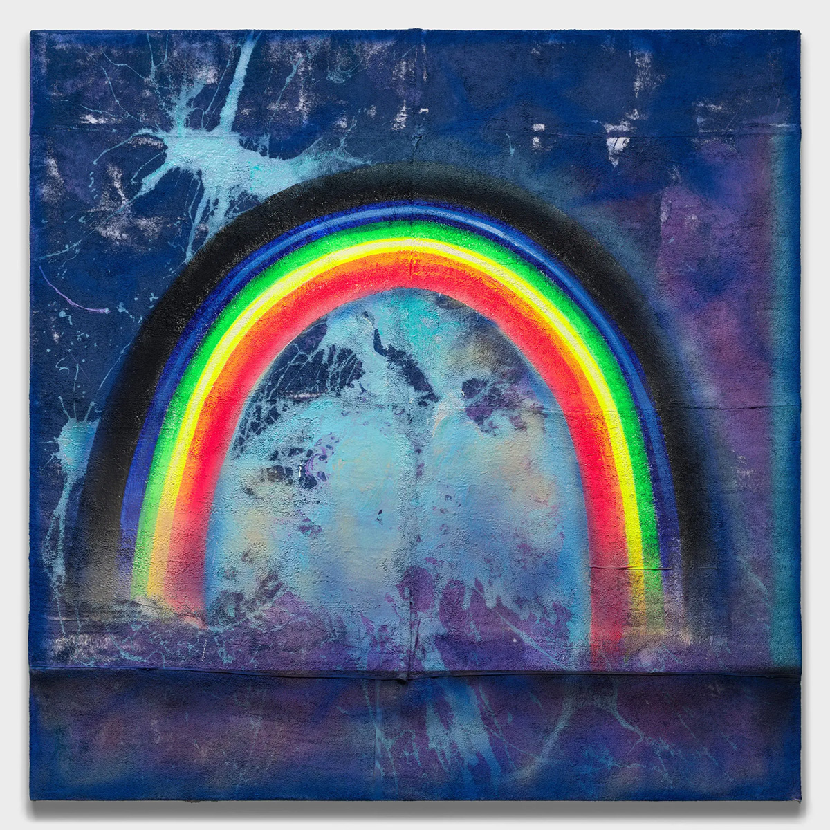A painting of a neon rainbow with a black arch. The background has light blue splatter paint.