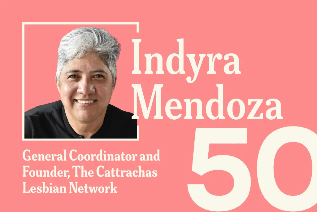 A coral-pink promotional graphic featuring a headshot of Indyra Mendoza, General Coordinator and Founder of The Cattrachas Lesbian Network, with the number "50" displayed in large white text in the bottom-right corner.