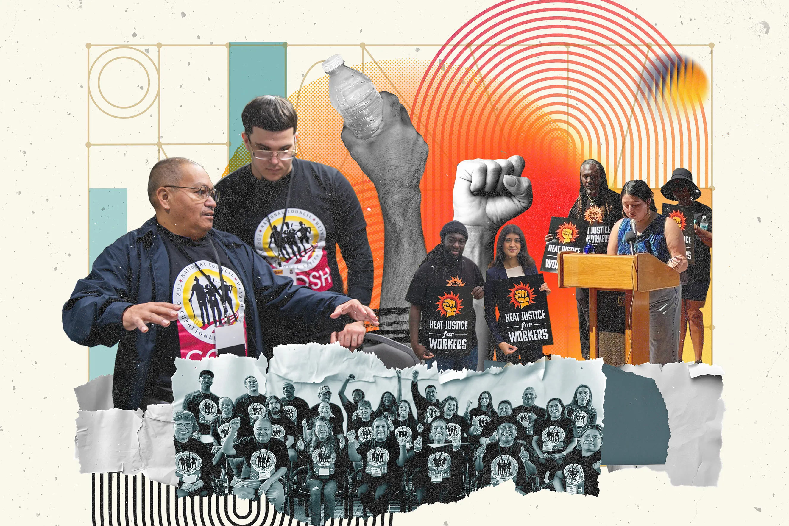 A vibrant collage features people holding "HEAT JUSTICE FOR WORKERS" signs, a person offering water, and a group photo of people in "NATIONAL COUNCIL FOR OCCUPATIONAL SAFETY AND HEALTH" shirts. Abstract shapes frame the composition.
