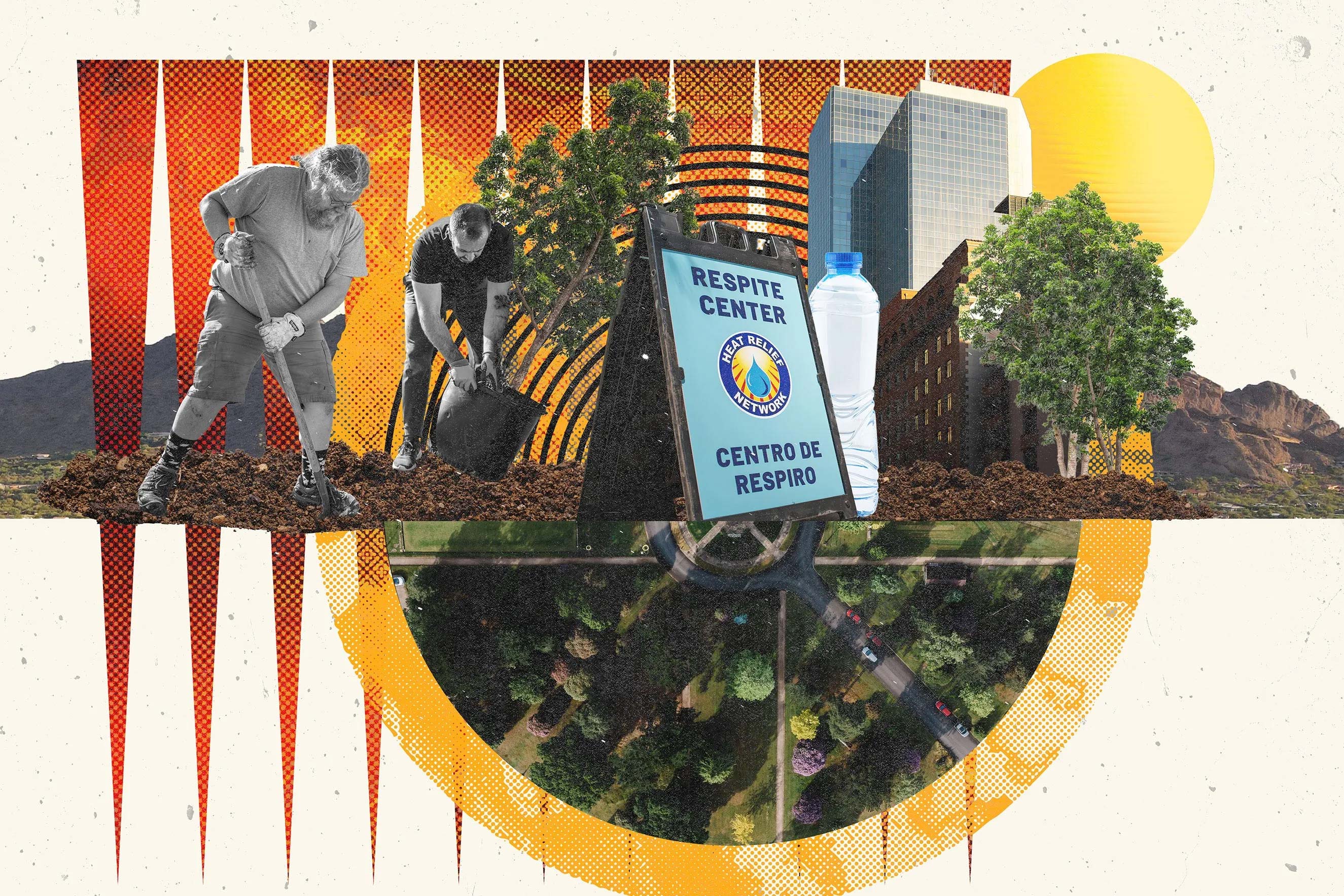 A mixed-media image shows two men planting trees on the left, next to a "RESPITE CENTER" sign. In the background are city buildings and mountains under a yellow sun. The bottom features an aerial view of a park.