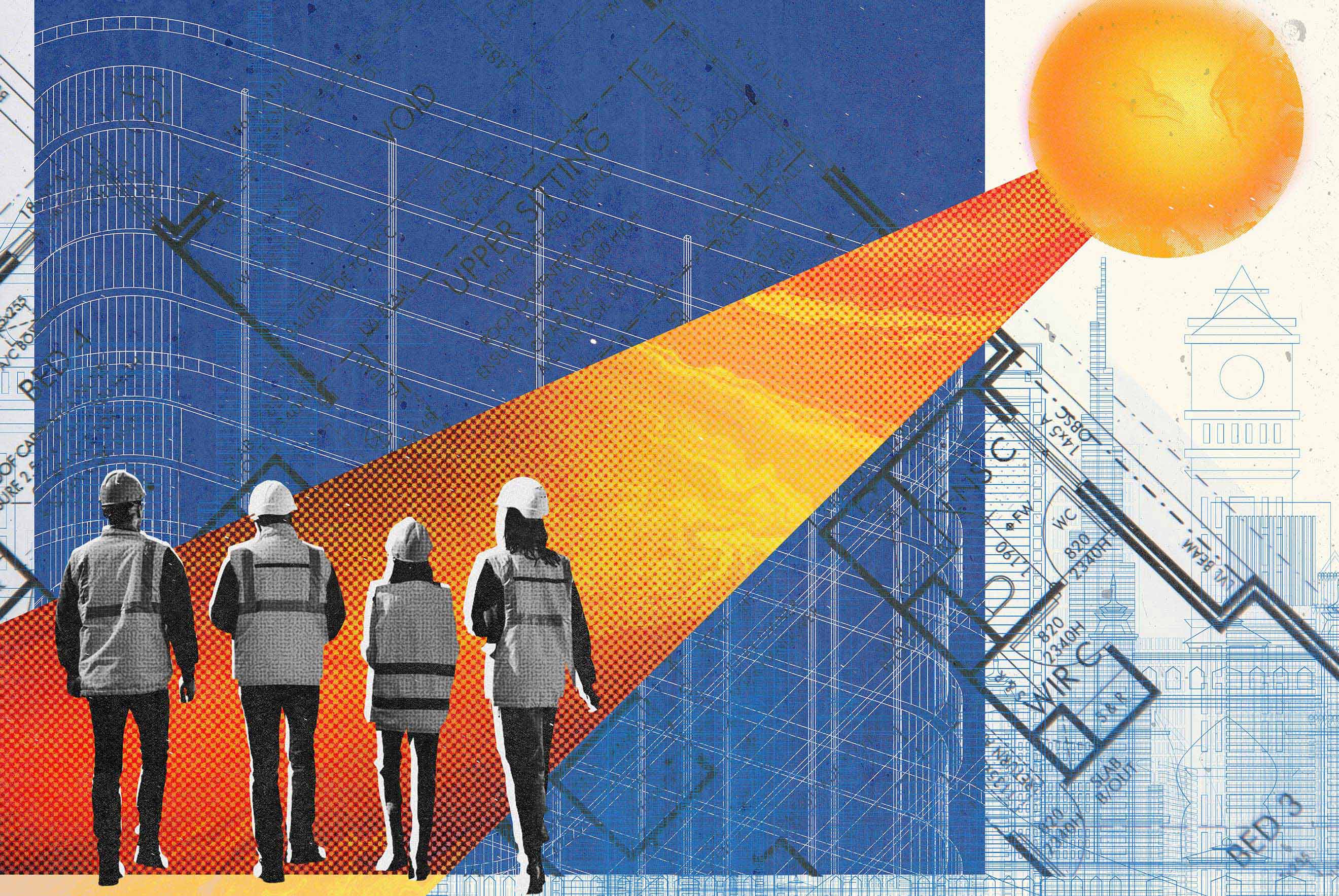 A composite image shows four people in hard hats and safety vests walking away from the viewer, superimposed on architectural blueprints. A glowing orange sun shines a beam of light onto the blueprints.