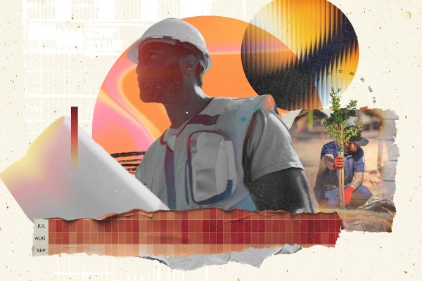 A split-level image shows a person in a hard hat looking left, with a large, warm-toned circle behind them. Below is a bar chart and calendar months. To the right, another person plants a tree.