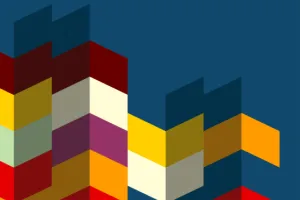 A graphic with a dark blue background features two vertical columns of colorful chevron patterns on the left, and a single column of colorful chevron patterns on the right.