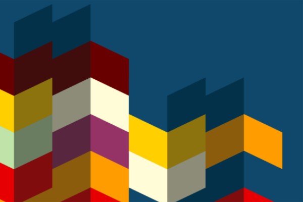 A graphic with a dark blue background features two vertical columns of colorful chevron patterns on the left, and a single column of colorful chevron patterns on the right.