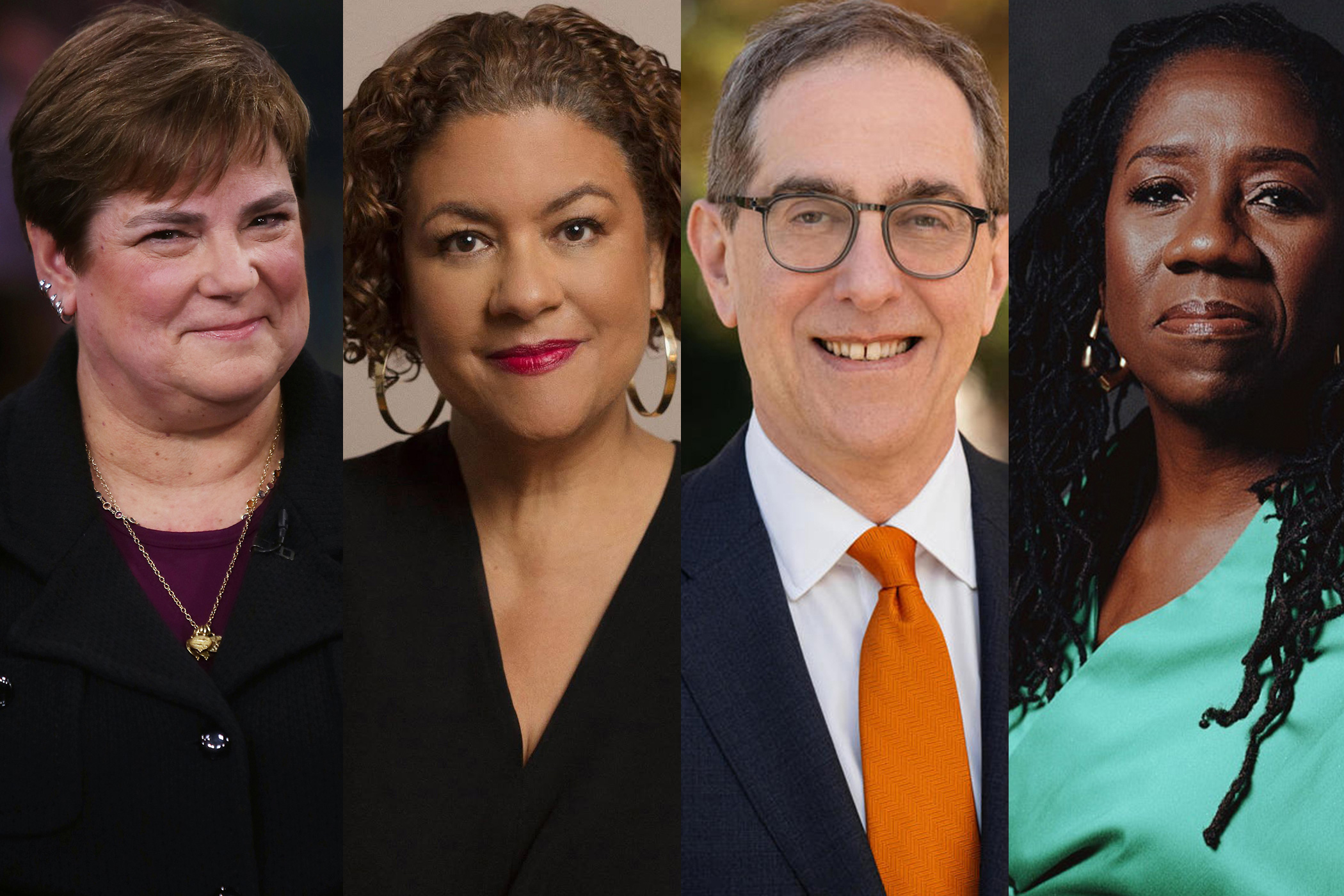 A grid of four headshots: four people, two women and two men, of diverse backgrounds. From left to right: a white woman, a Hispanic/Latina woman, a white man in a suit and orange tie, and a Black woman with dreadlocks.