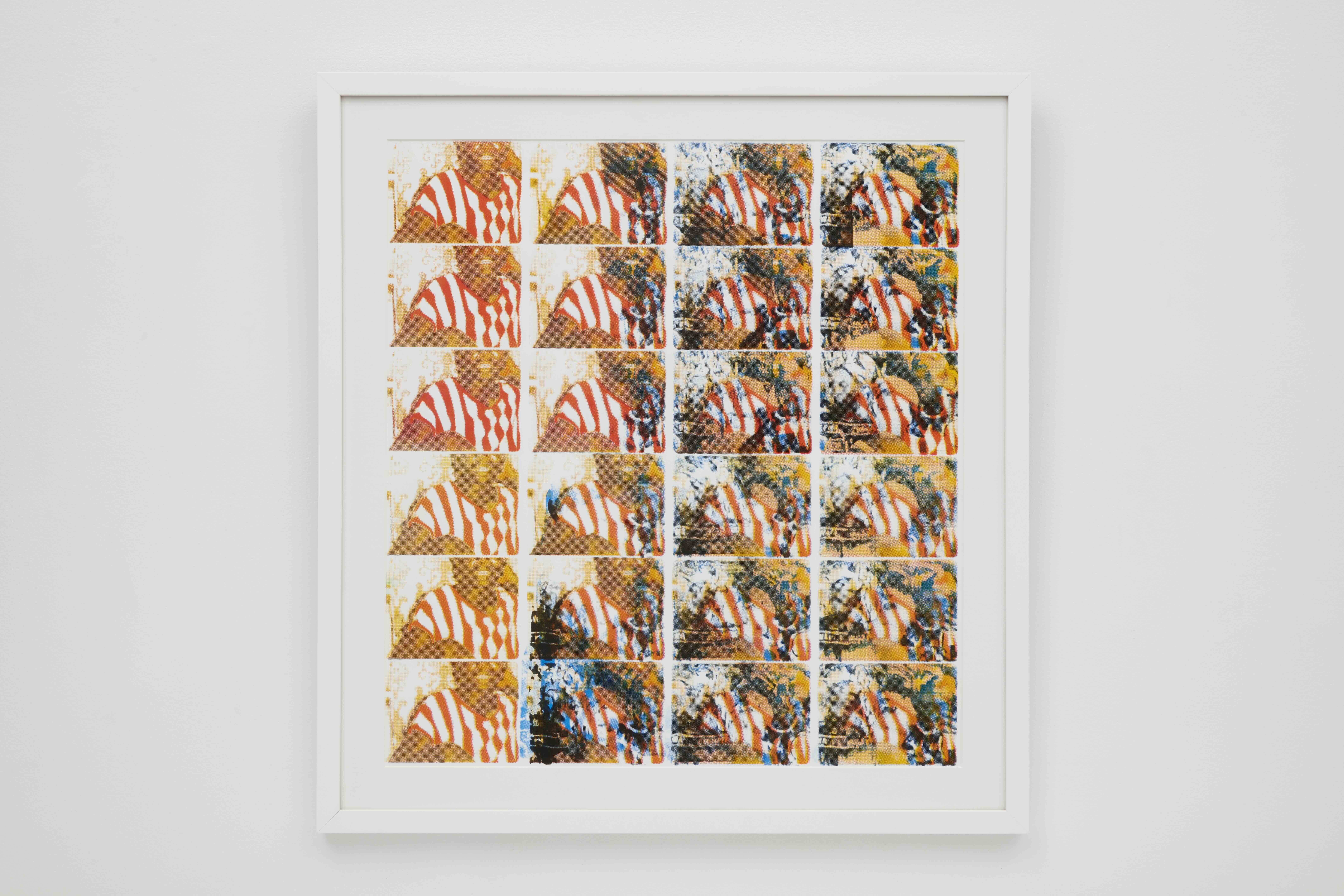 A photographic print that features photos of a Black woman wearing a red and white striped shirt overlapped with a photo of three women with a gradient of orange and blue on a white background.