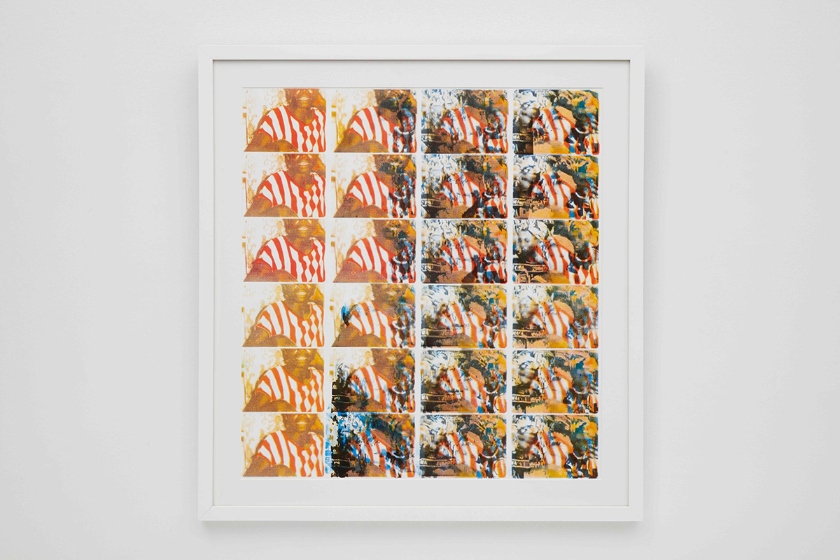 A photographic print that features photos of a Black woman wearing a red and white striped shirt overlapped with a photo of three women with a gradient of orange and blue on a white background.