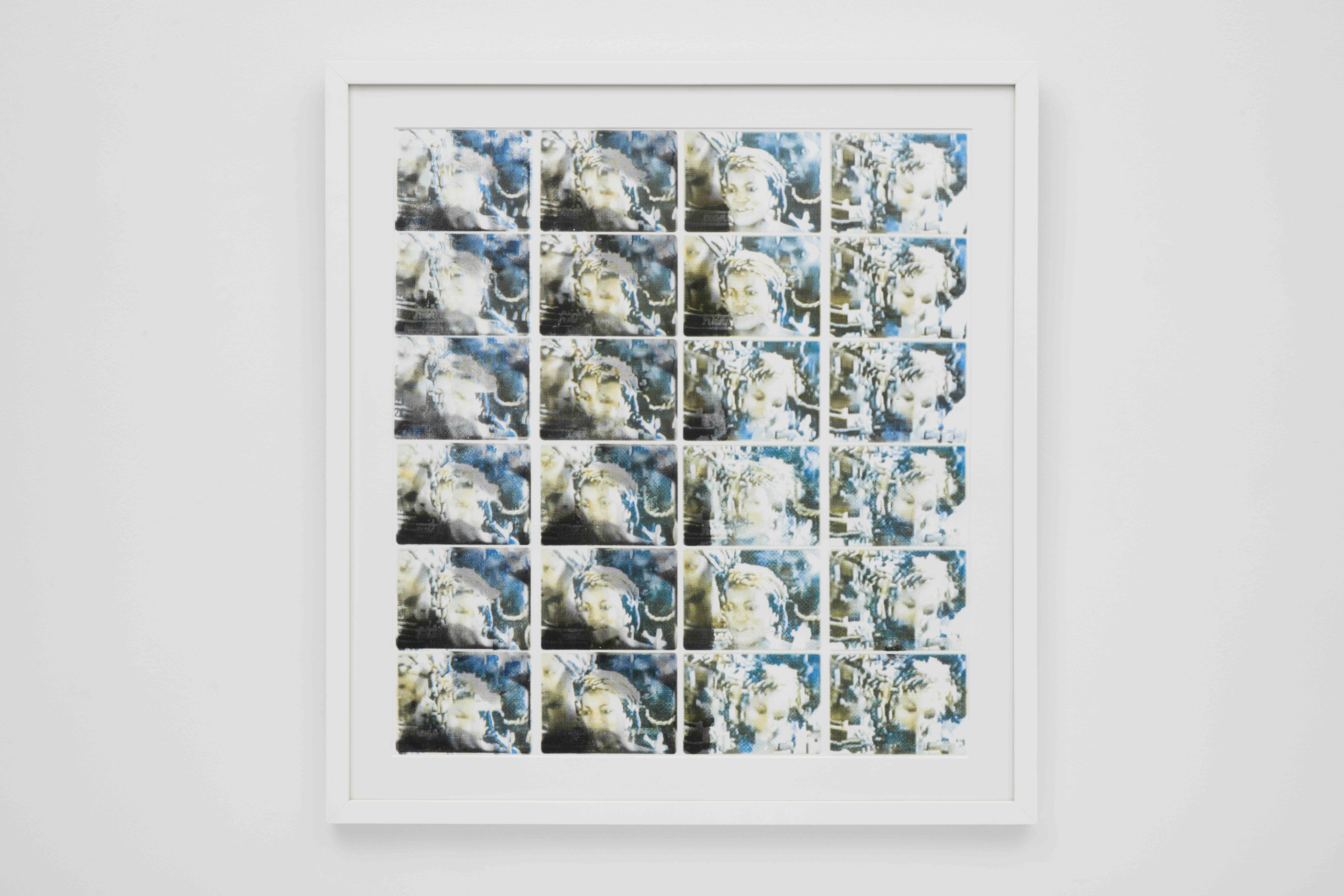 A photographic print that features photos of three women wearing hair scarves looking off camera with a gradient of yellow to blue and black ink on a white background.