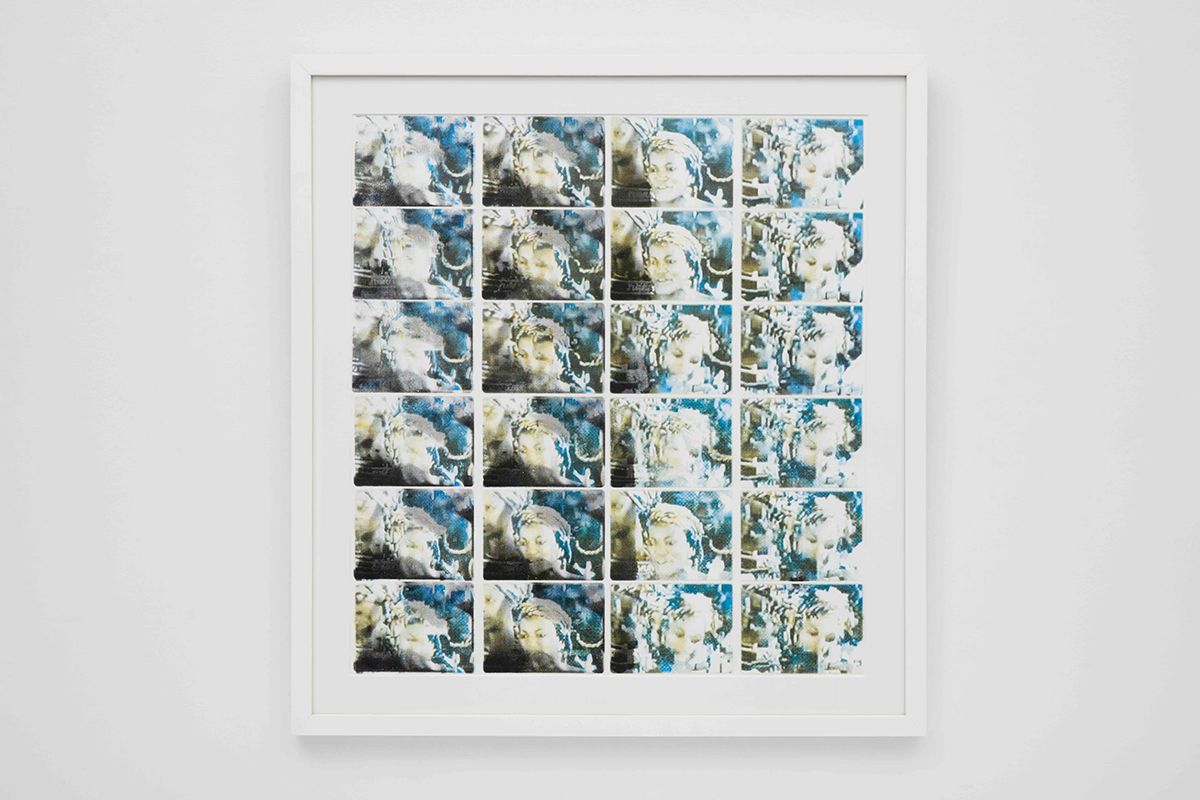 A photographic print that features photos of three women wearing hair scarves looking off camera with a gradient of yellow to blue and black ink on a white background.