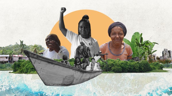 A layered collage with a grainy texture. In the center, a woman with a raised fist stands in front of a sun. In the foreground, a boat with people floats in water. Two other women are on either side.