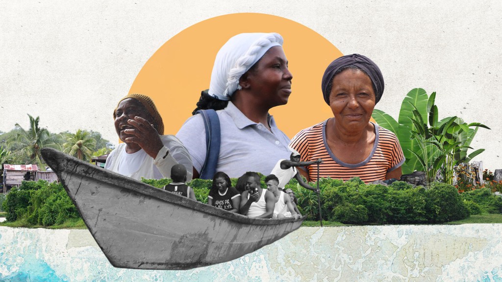 A layered collage with a grainy texture. In the center, a woman with a raised fist stands in front of a sun. In the foreground, a boat with people floats in water. Two other women are on either side.