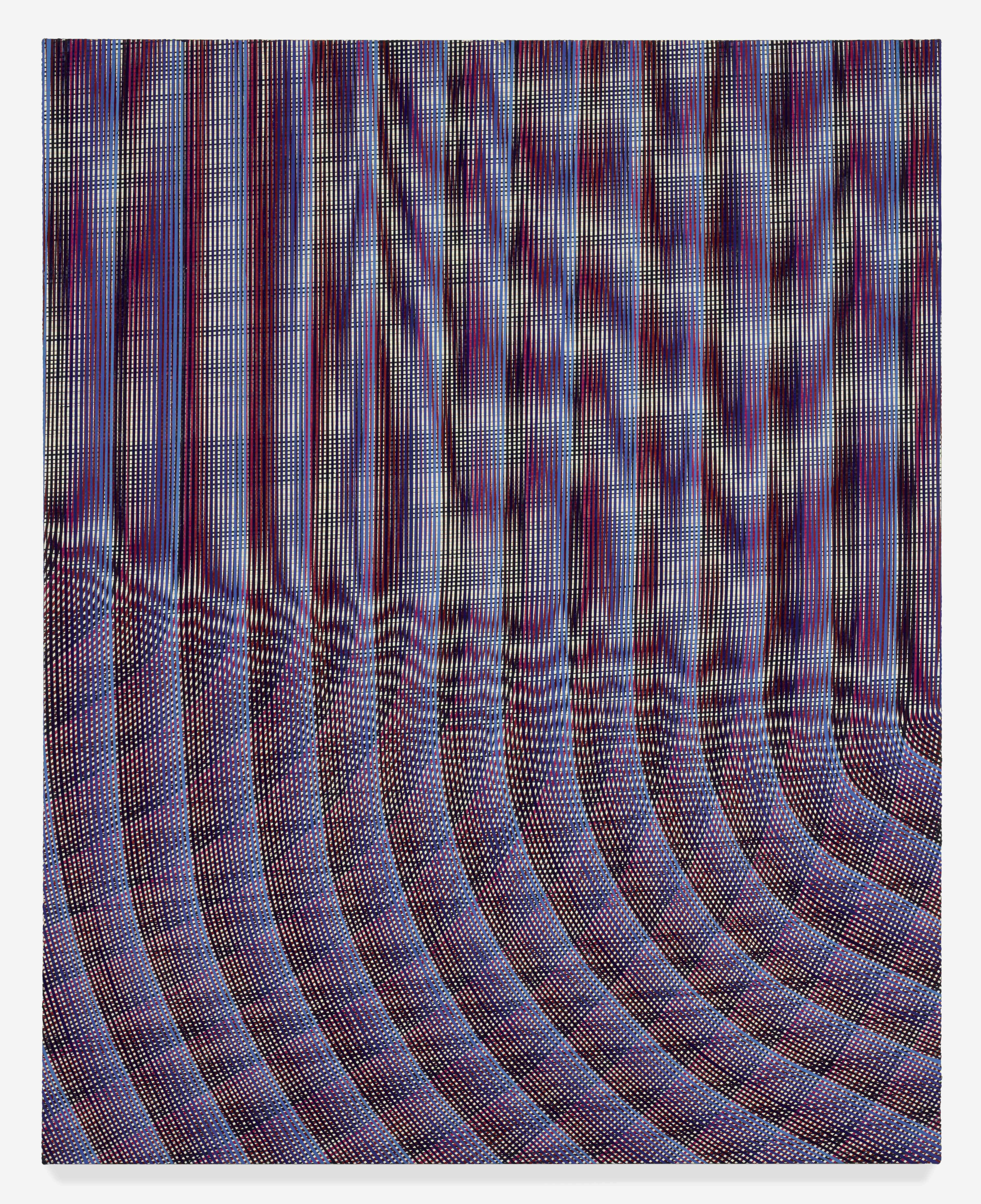 An abstract painting of a red gradient pattern of curved lines with a smooth, screen-like texture.