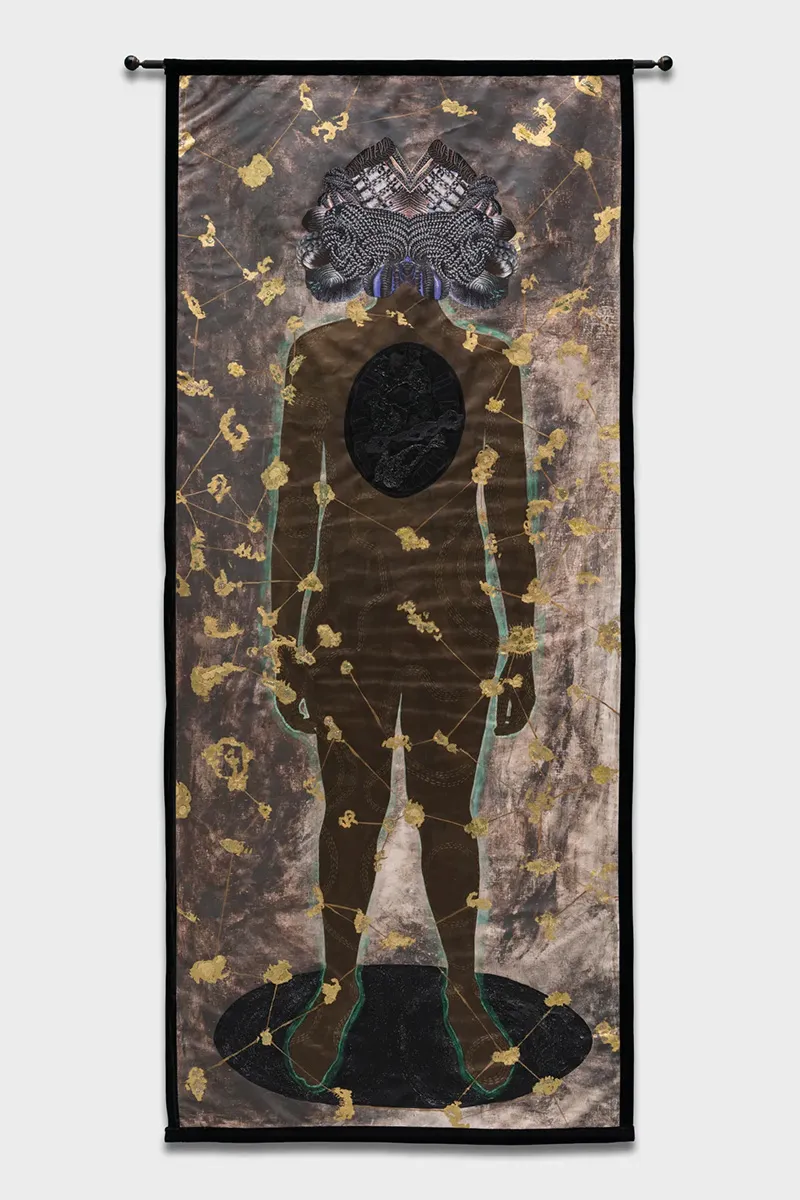 A painting on linen of a silhouetted figure with a head made of interwoven braids and a black hole in its chest.