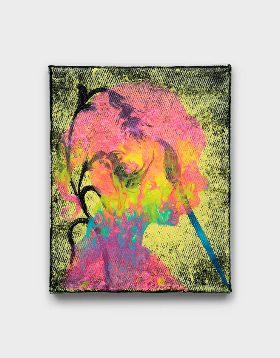 A semi-transparent painting of the silhouette of a girl layered over stenciled images of wheat and a paintbrush.