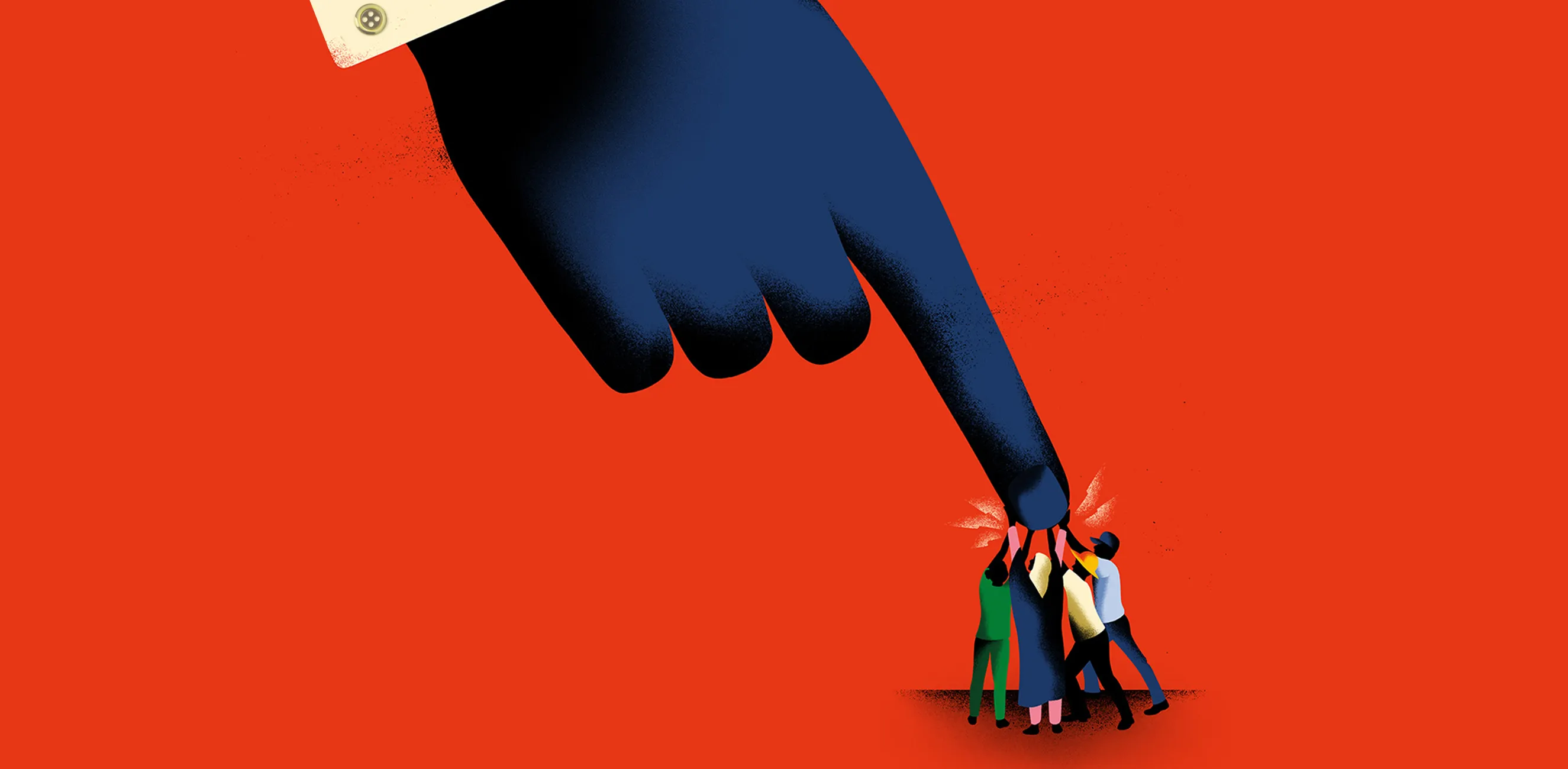 An illustration shows a large, dark blue hand from the upper right, with its index finger pressing down on a small group of three people. The background is a solid, vibrant orange-red color.