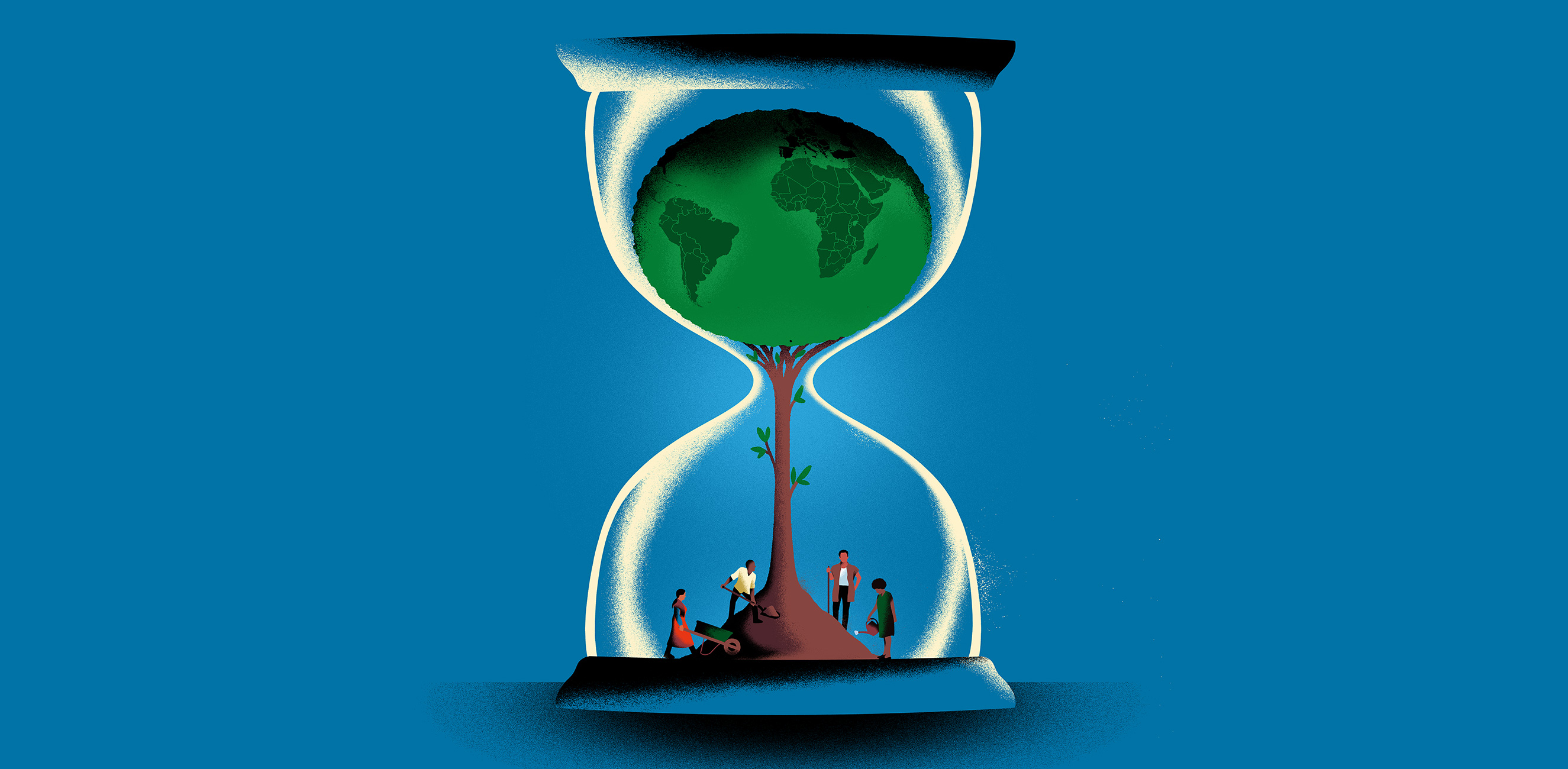 An illustration of a large hourglass. The top half contains a green-leafed world map, from which a tree trunk extends to the bottom. Small people are gathered around the base of the tree. The background is blue.