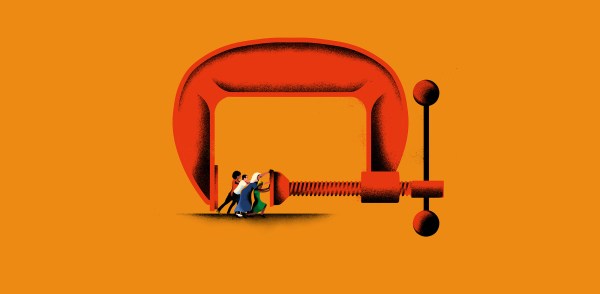An illustration of four small people pushing against the tightening screw of a large red C-clamp. The background is a solid orange. The people are working together to resist the pressure of the clamp.