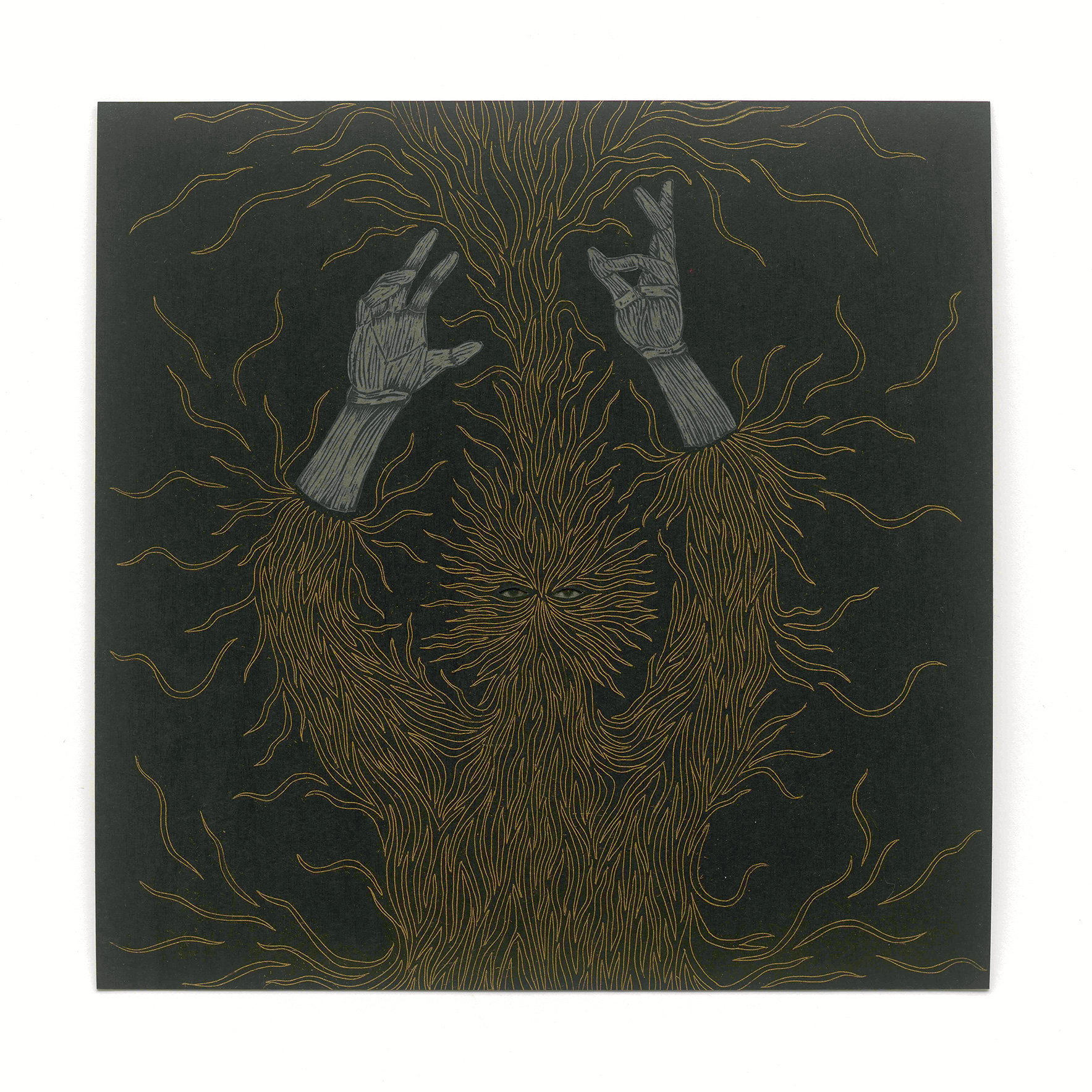An illustration of a figure with their hands in the air being consumed by streaks which resemble strands of hair or individual flames.