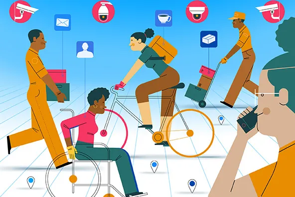 An illustration shows people delivering packages, on a bike and in a wheelchair. Icons of technology, such as surveillance cameras, emails, and location pins, are floating in the blue background.