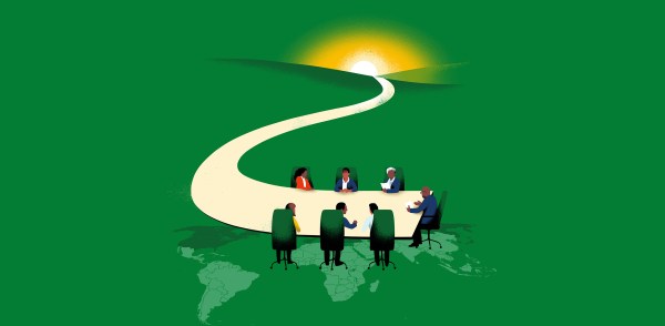 An illustration shows a diverse group of people seated around a table shaped like a winding road. The road leads toward a setting sun over a hill, all on a green world map.