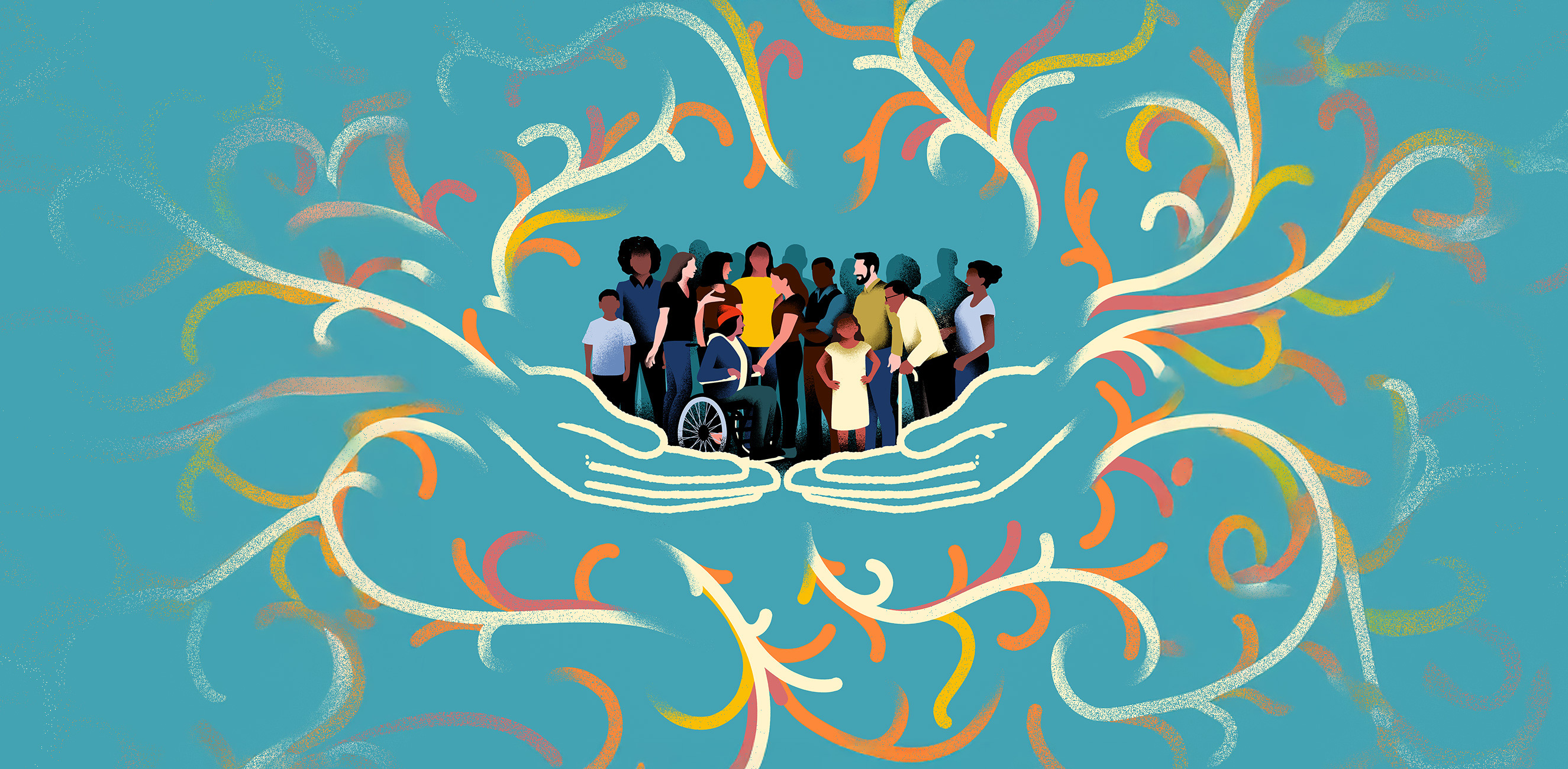 An illustration shows two hands cupped together, protecting a diverse group of people. The group includes a person in a wheelchair and children. Colorful, vine-like patterns swirl around them on a teal background.