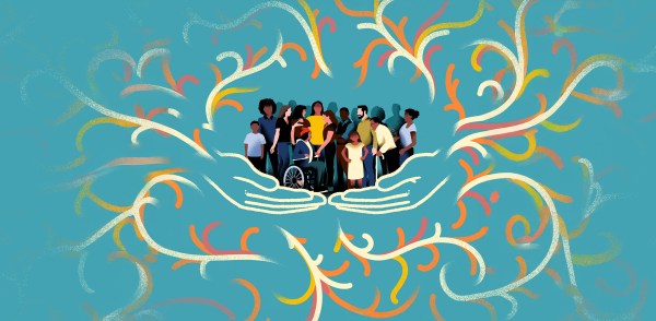 An illustration shows two hands cupped together, protecting a diverse group of people. The group includes a person in a wheelchair and children. Colorful, vine-like patterns swirl around them on a teal background.
