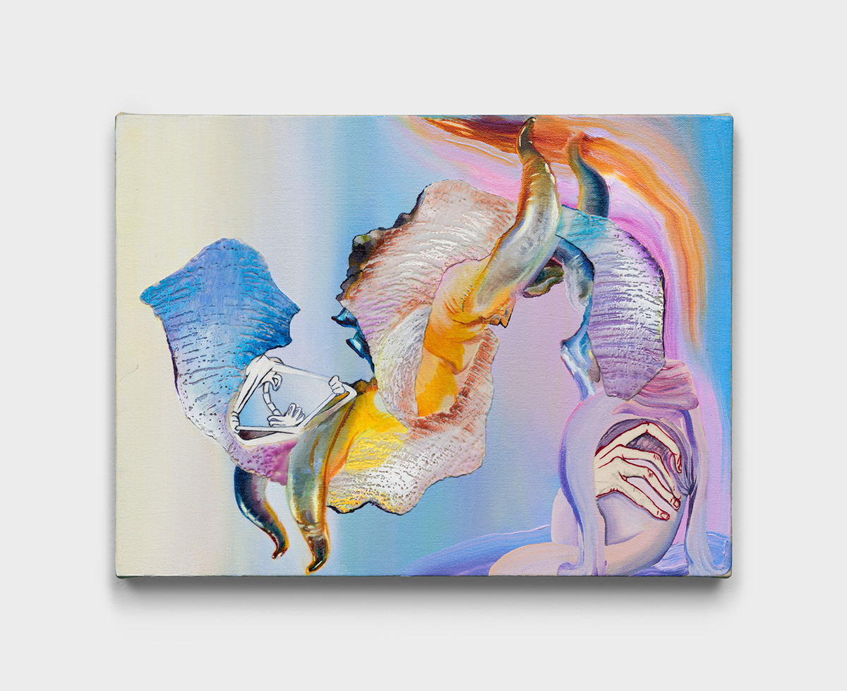 An abstract painting with a snaking tentacle being grasped by a human hand.