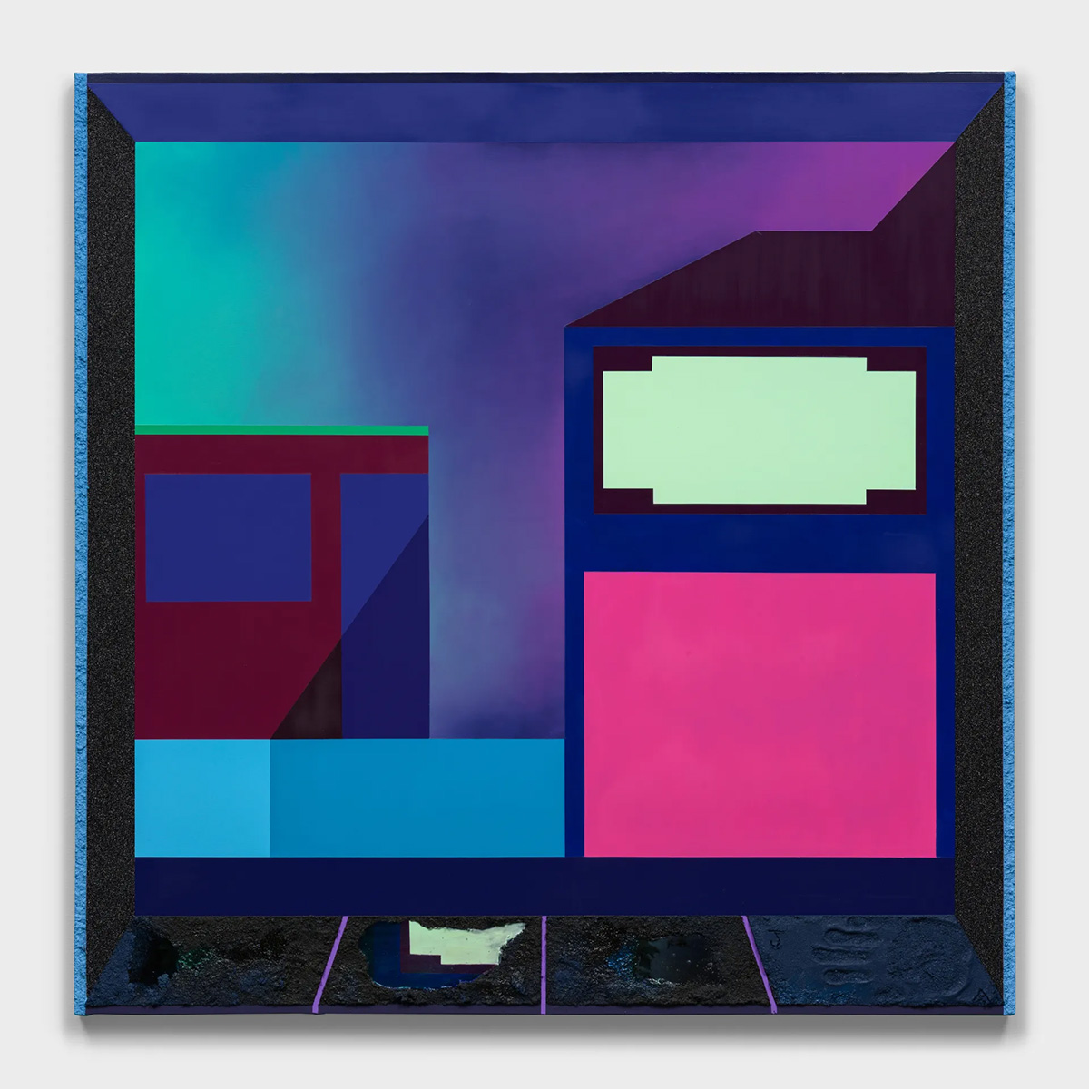 An abstract painting of a geometric cityscape against a smoky purple sky.