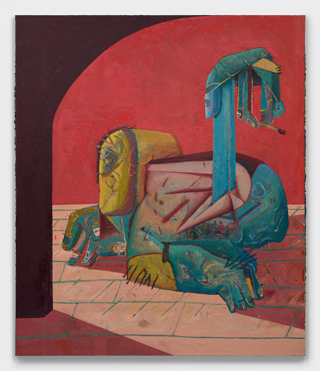 A painting of a monstrous figure composed of a pile of limbs at the entrance of a hallway. A human hand extruding from the creature holds a lit match.