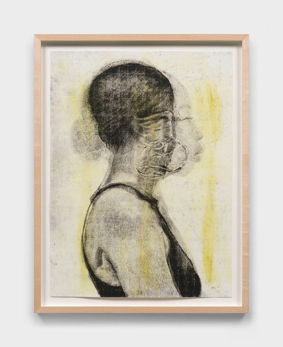 A painting across a light grid of a Black woman in profile wearing hoop earrings.