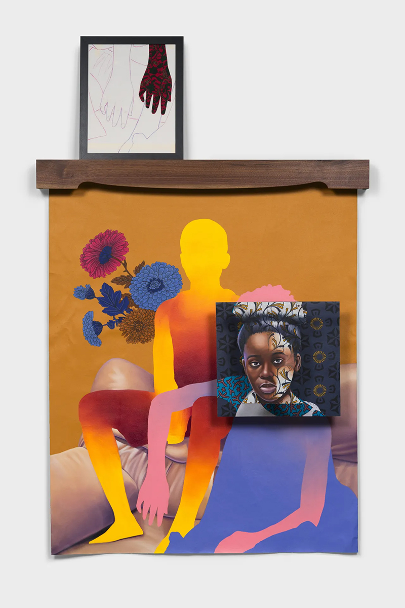 A mixed-media collage of two human silhouettes, one with a detailed face, sitting on a sofa with flowers behind their shoulders.