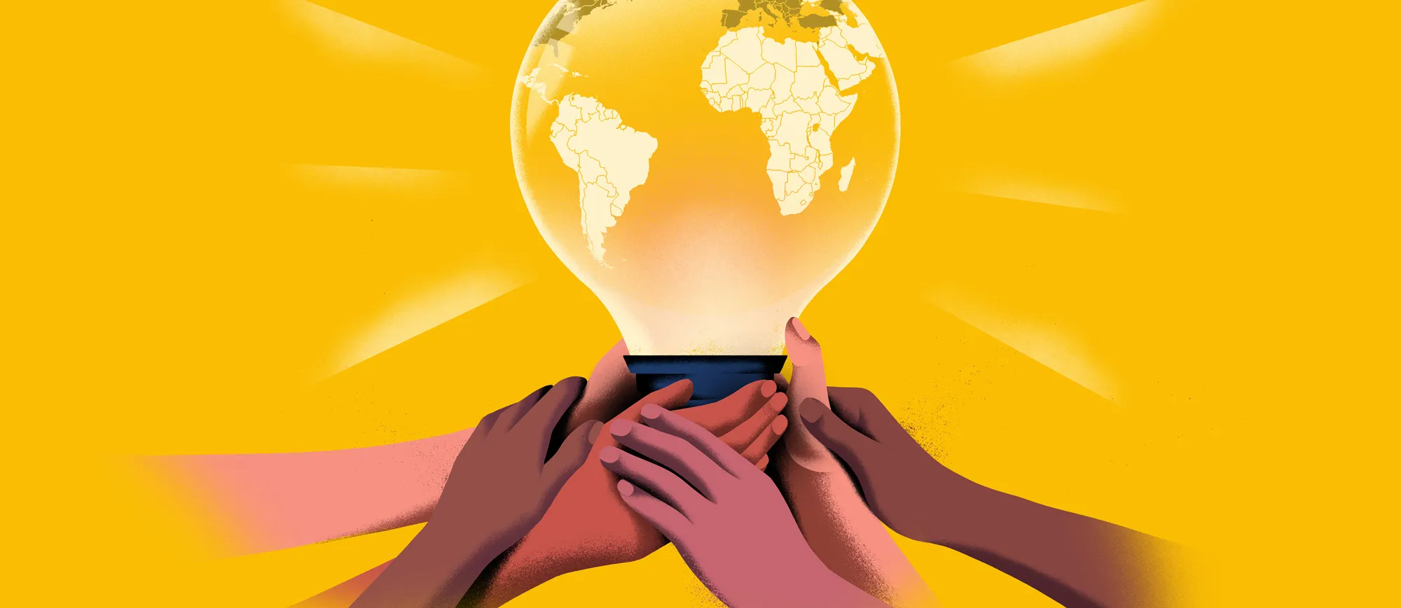 A stylized illustration of a stack of hands of various skin tones holding up a glowing lightbulb. The lightbulb's filament is a map of the world, and it emits bright yellow light rays against a yellow background.