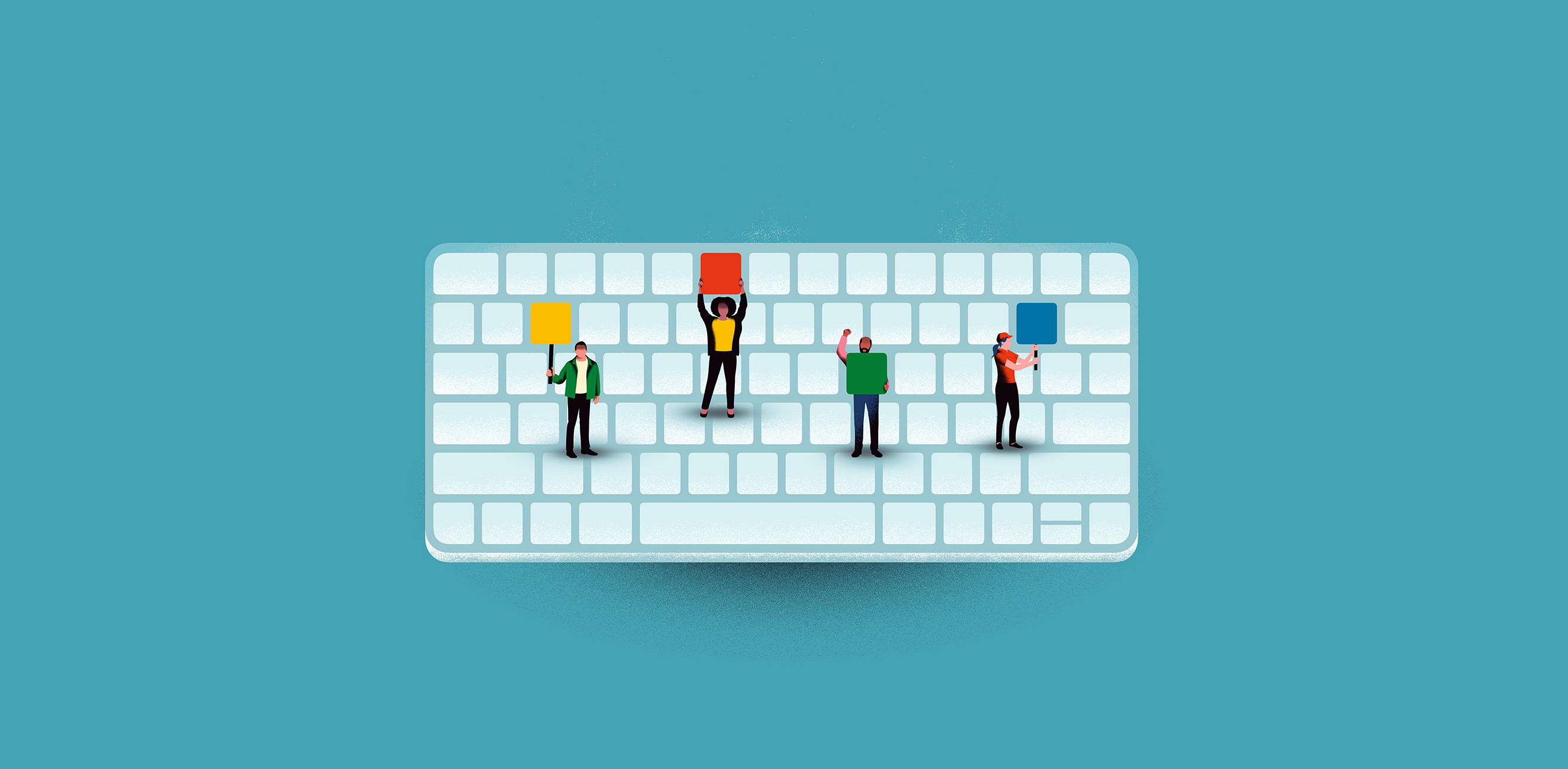 An illustration of a large computer keyboard with four small, stylized people standing on it. Each person holds a different colored square sign, suggesting they are changing or influencing the keys. The background is a solid light blue.