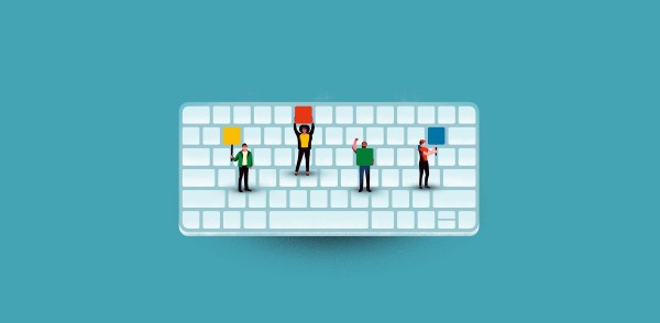 An illustration of a large computer keyboard with four small, stylized people standing on it. Each person holds a different colored square sign, suggesting they are changing or influencing the keys. The background is a solid light blue.