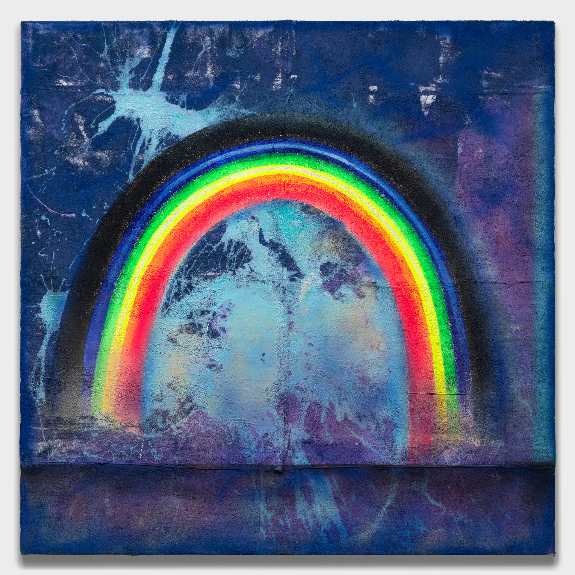 A painting of a neon rainbow with a black arch. The background has light blue splatter paint.