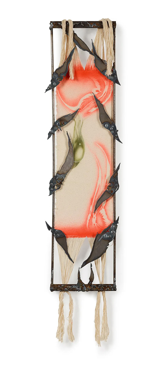 A mixed media sculpture of a textile stretched vertically across a rectangular steel frame that is decorated with thin metal leaves.